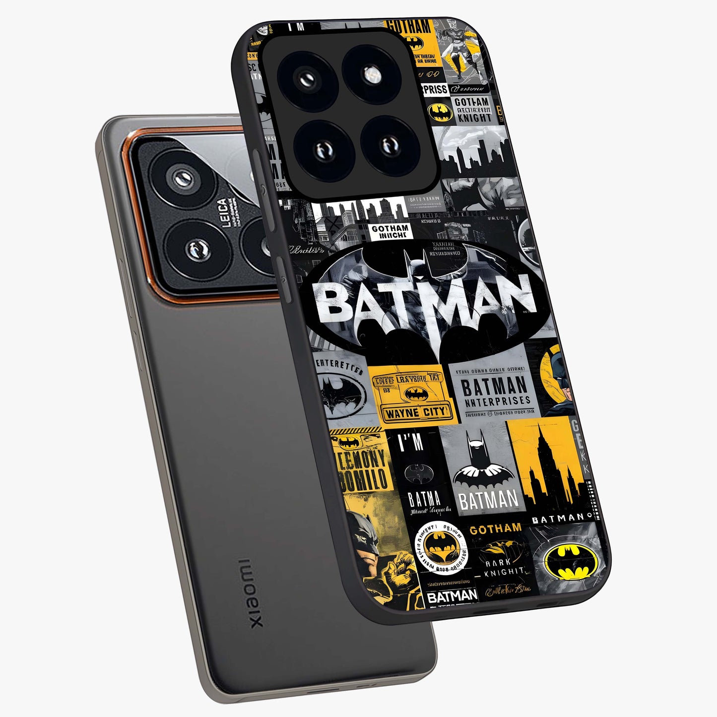 Knight Gotham Rise Glass Case displayed in angled mockup highlighting powerful knight silhouette design with dramatic aesthetic.