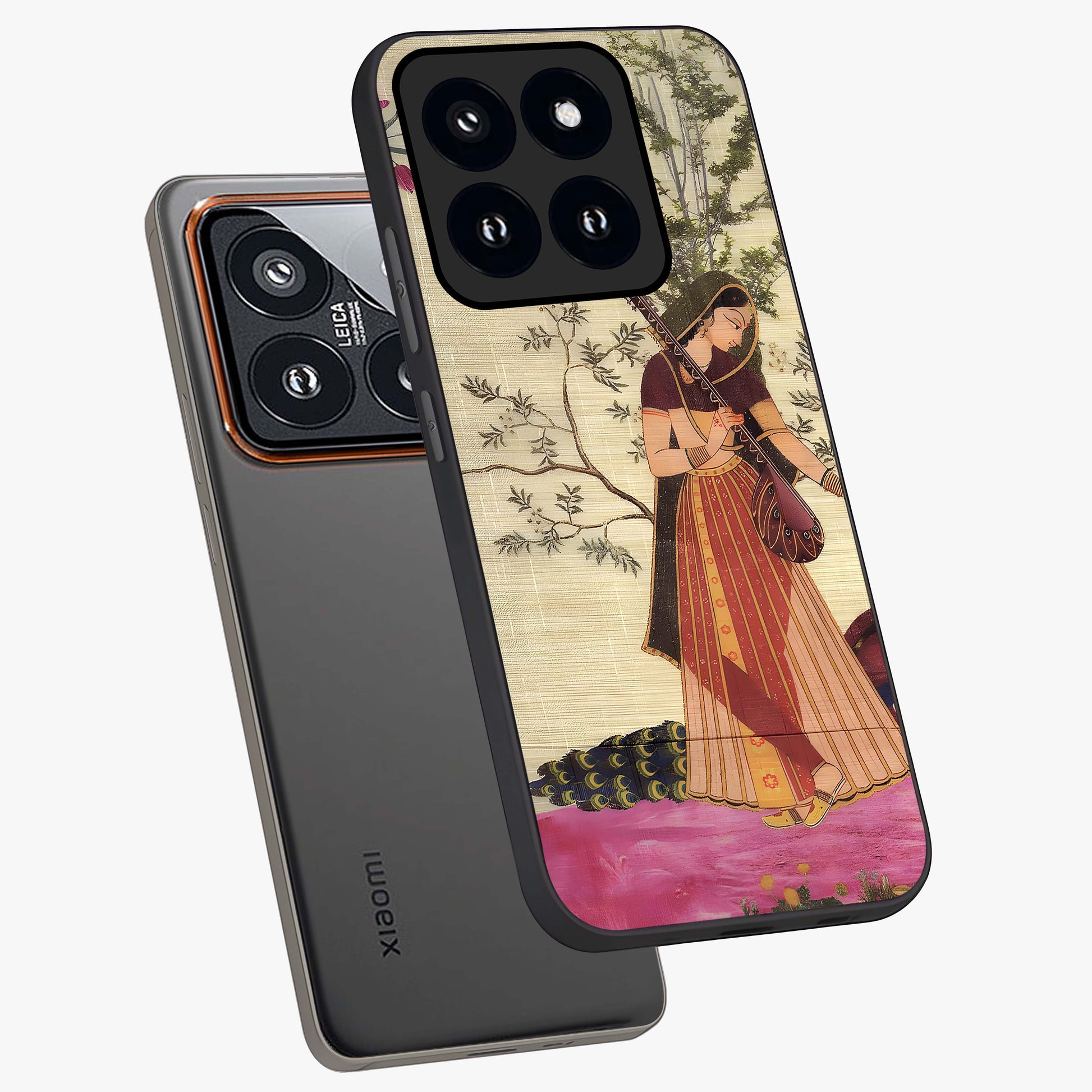 Lady With Veena Art Glass Case displayed in angled mockup highlighting graceful musical illustration with cultural artistic aesthetic.