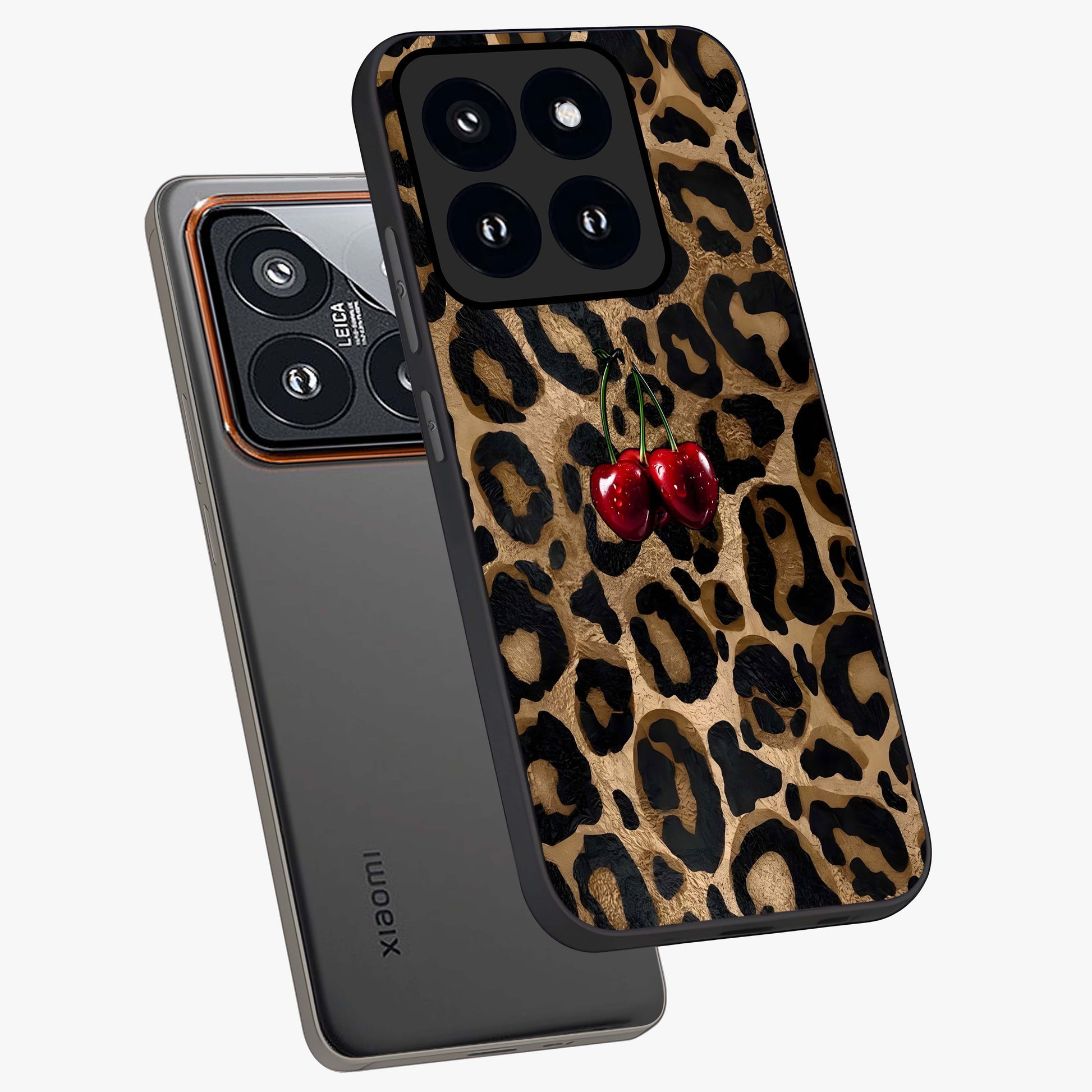 Leopard Wild Cherry Glass Case displayed in angled mockup highlighting bold animal print design with playful cherry aesthetic.