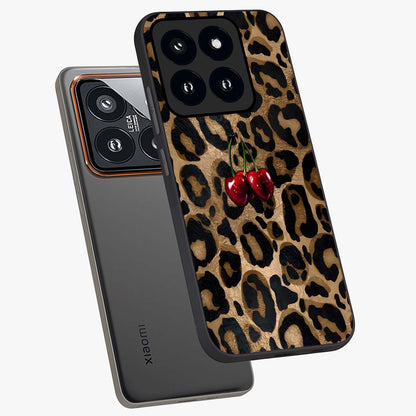 Leopard Wild Cherry Glass Case displayed in angled mockup highlighting bold animal print design with playful cherry aesthetic.