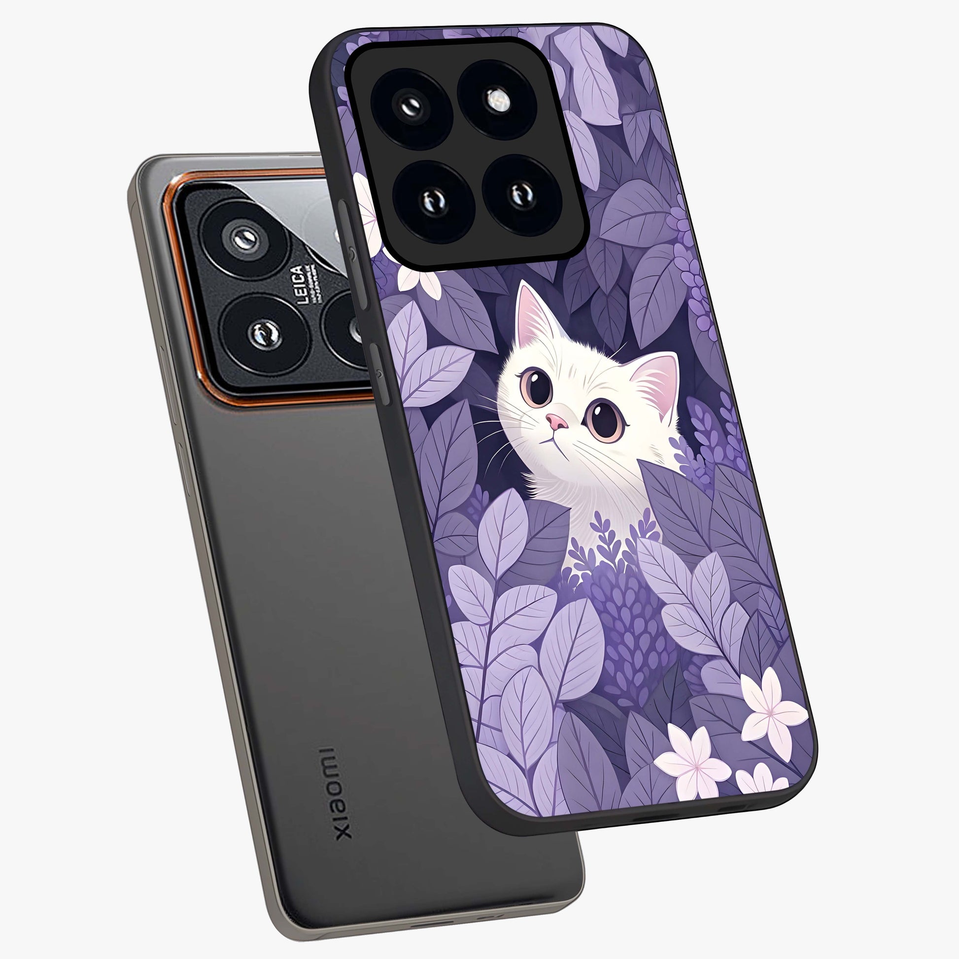 Lilac Hide Peek Cat Glass Case displayed in angled mockup highlighting playful feline illustration with lilac aesthetic design.