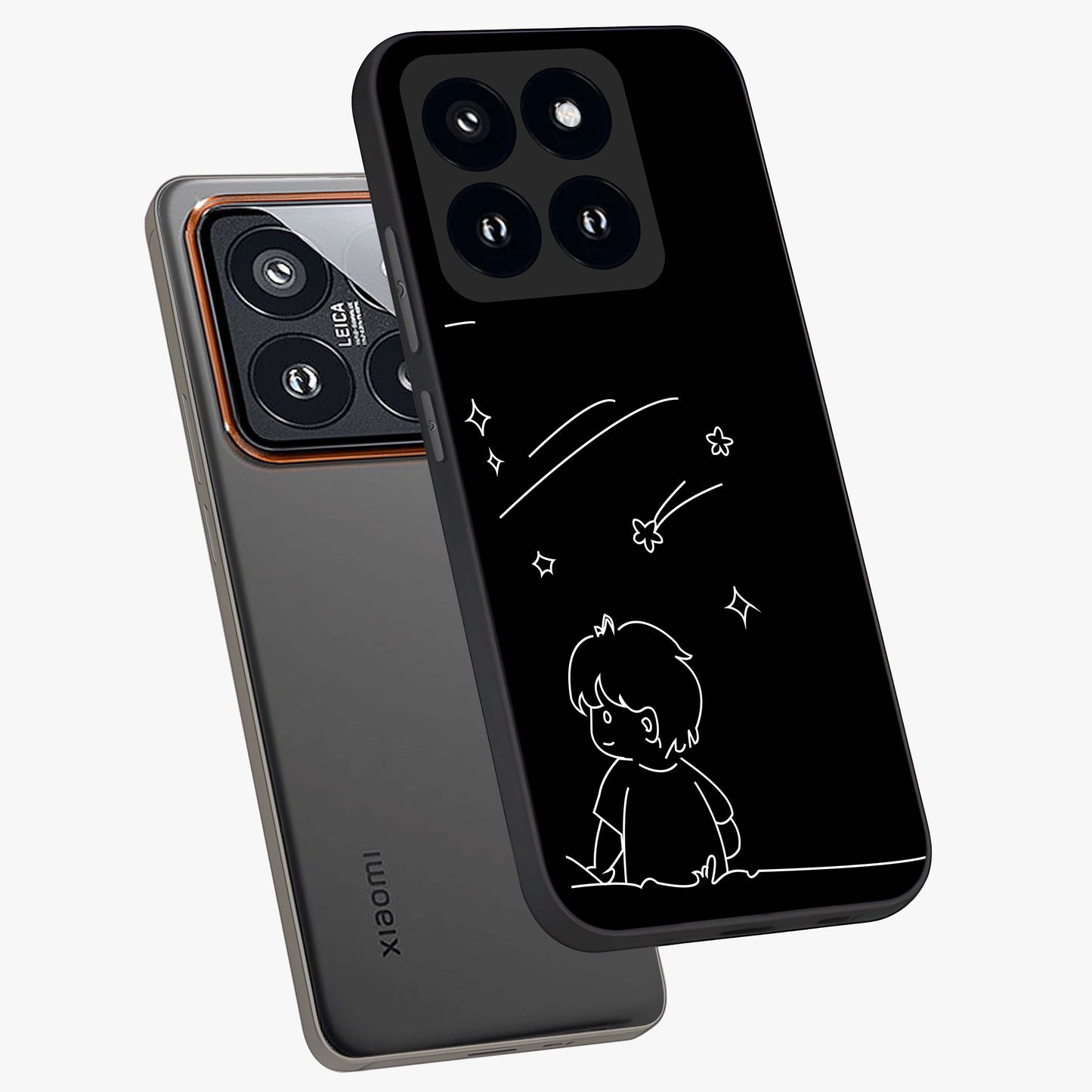 Line Art Boy With Shooting Stars Glass Case displayed in angled mockup highlighting elegant line art design with dreamy star aesthetic.