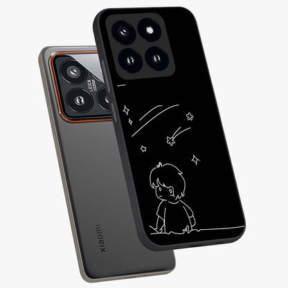 Line Art Boy With Shooting Stars Glass Case displayed in angled mockup highlighting elegant line art design with dreamy star aesthetic.