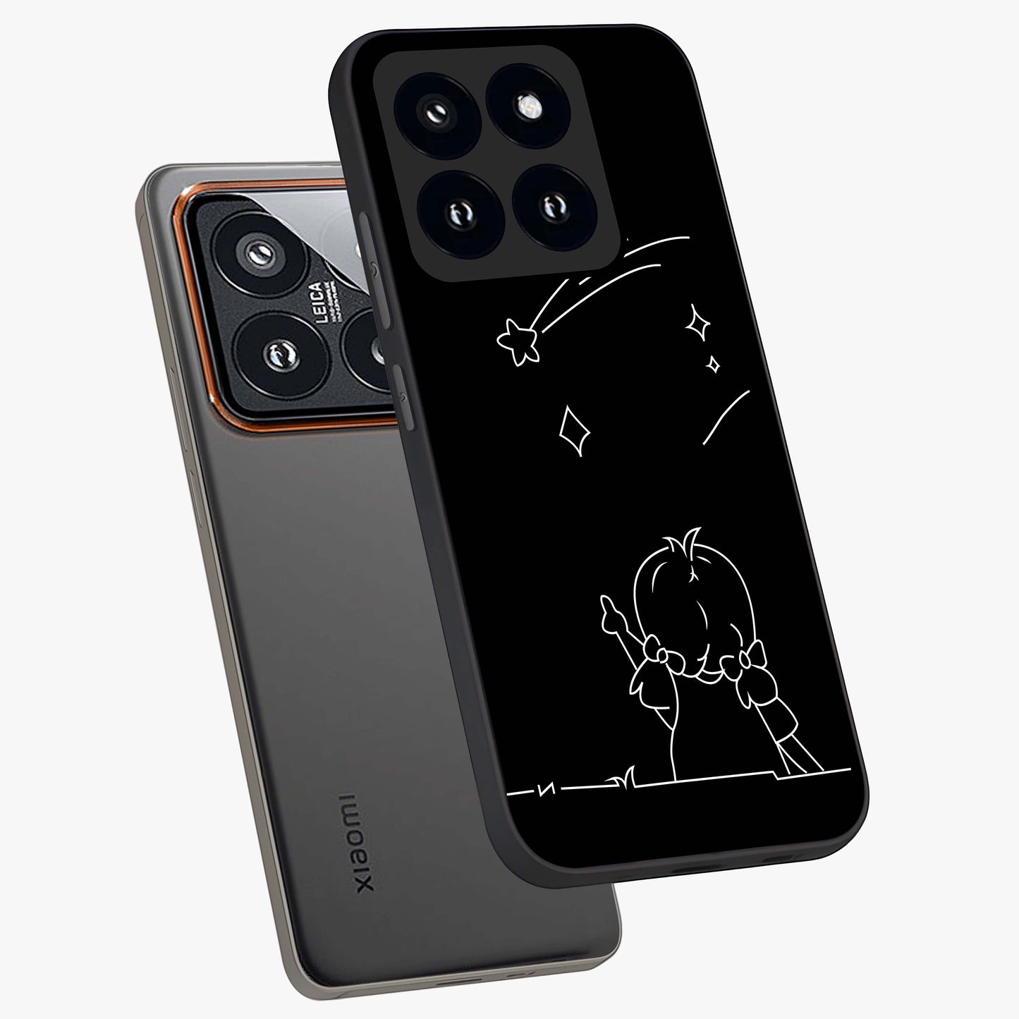 Line Art Girl With Shooting Stars Glass Case displayed in angled mockup highlighting elegant line art design with dreamy star aesthetic.