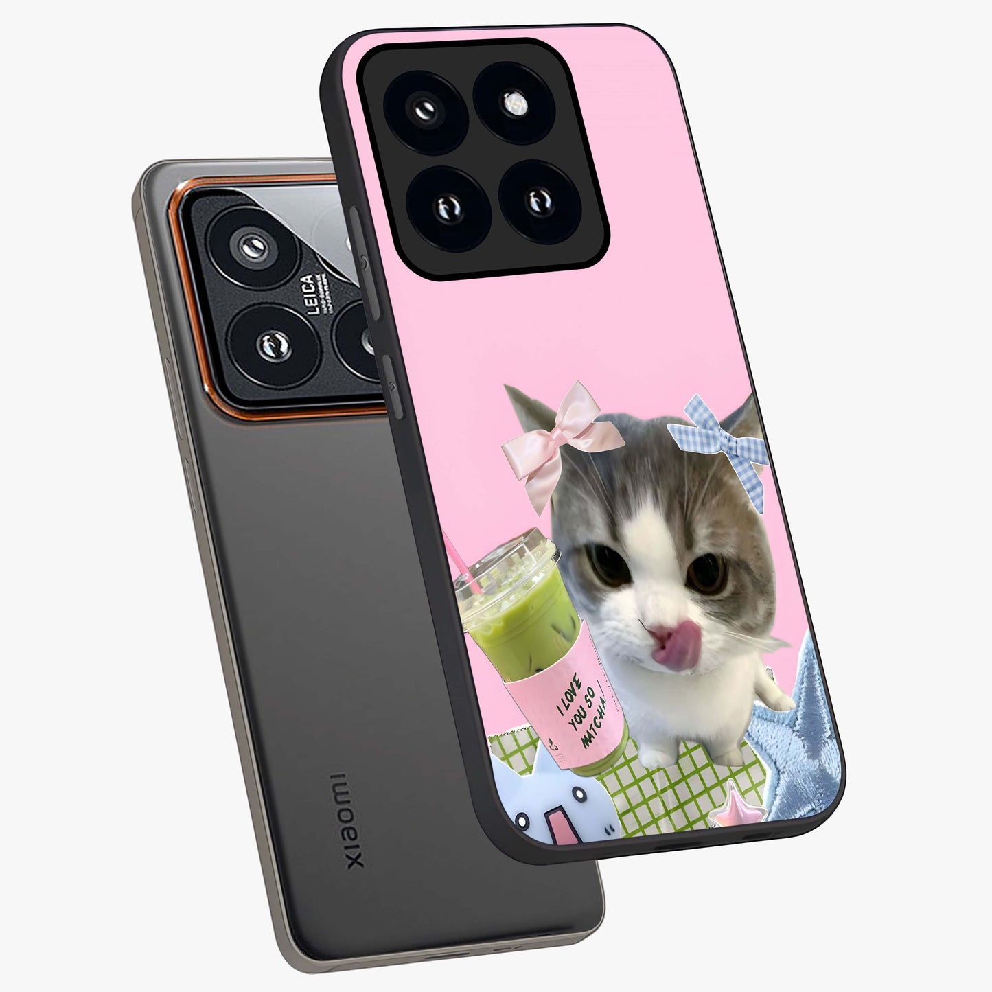 Love Matcha Cat Glass Case displayed in angled mockup highlighting playful feline illustration with cozy matcha aesthetic.