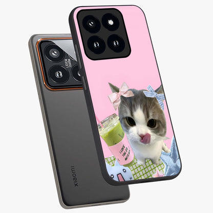 Love Matcha Cat Glass Case displayed in angled mockup highlighting playful feline illustration with cozy matcha aesthetic.