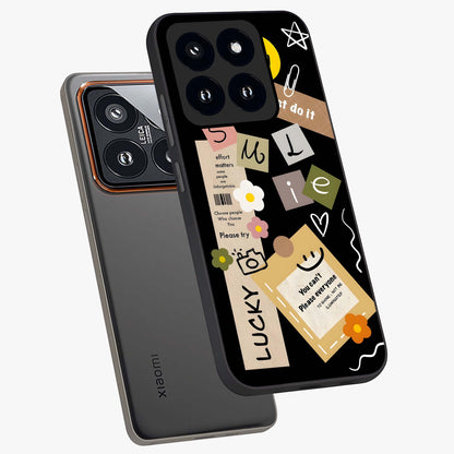 Lucky Aesthetic Collage Glass Case displayed in angled mockup highlighting stylish collage pattern with modern aesthetic vibe.