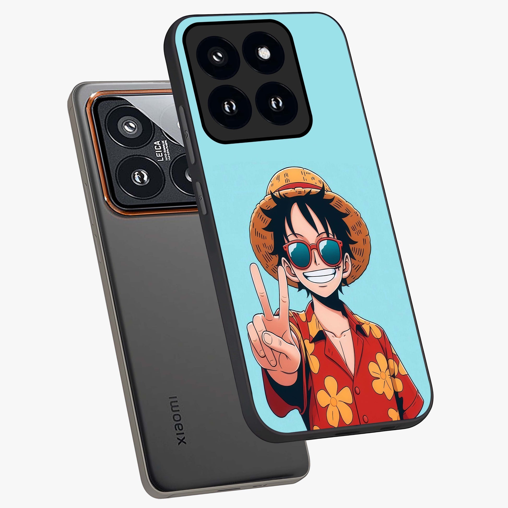 Luffy Summer Anime Vibe Glass Case displayed in angled mockup highlighting energetic anime illustration with summer vibe aesthetic.