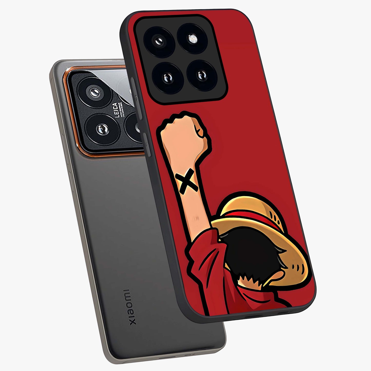 Luffy X Spirit Glass Case displayed in angled mockup highlighting powerful anime design with energetic action aesthetic.