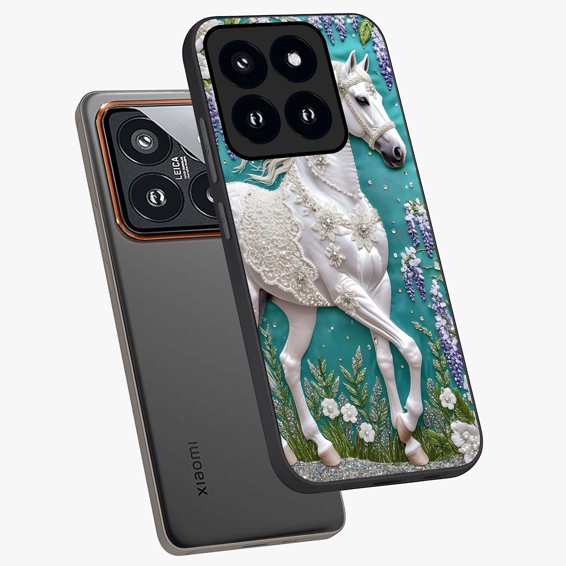 Majestic Floral Stallion Glass Case displayed in angled mockup highlighting majestic stallion illustration with elegant floral aesthetic.