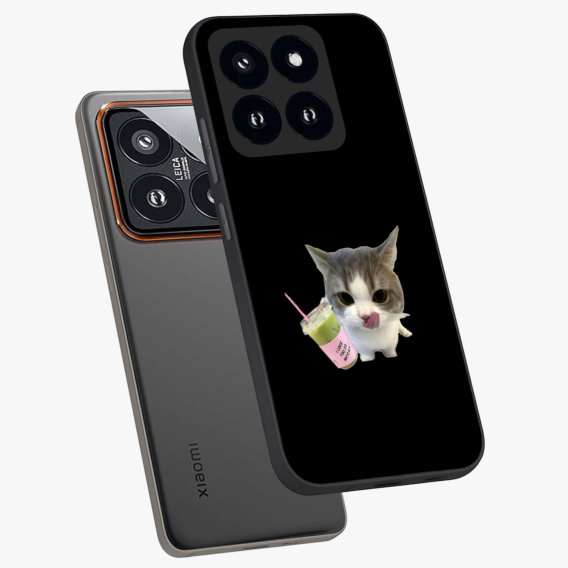 Matcha Cat Style Glass Case displayed in angled mockup highlighting playful feline design with pastel matcha aesthetic.