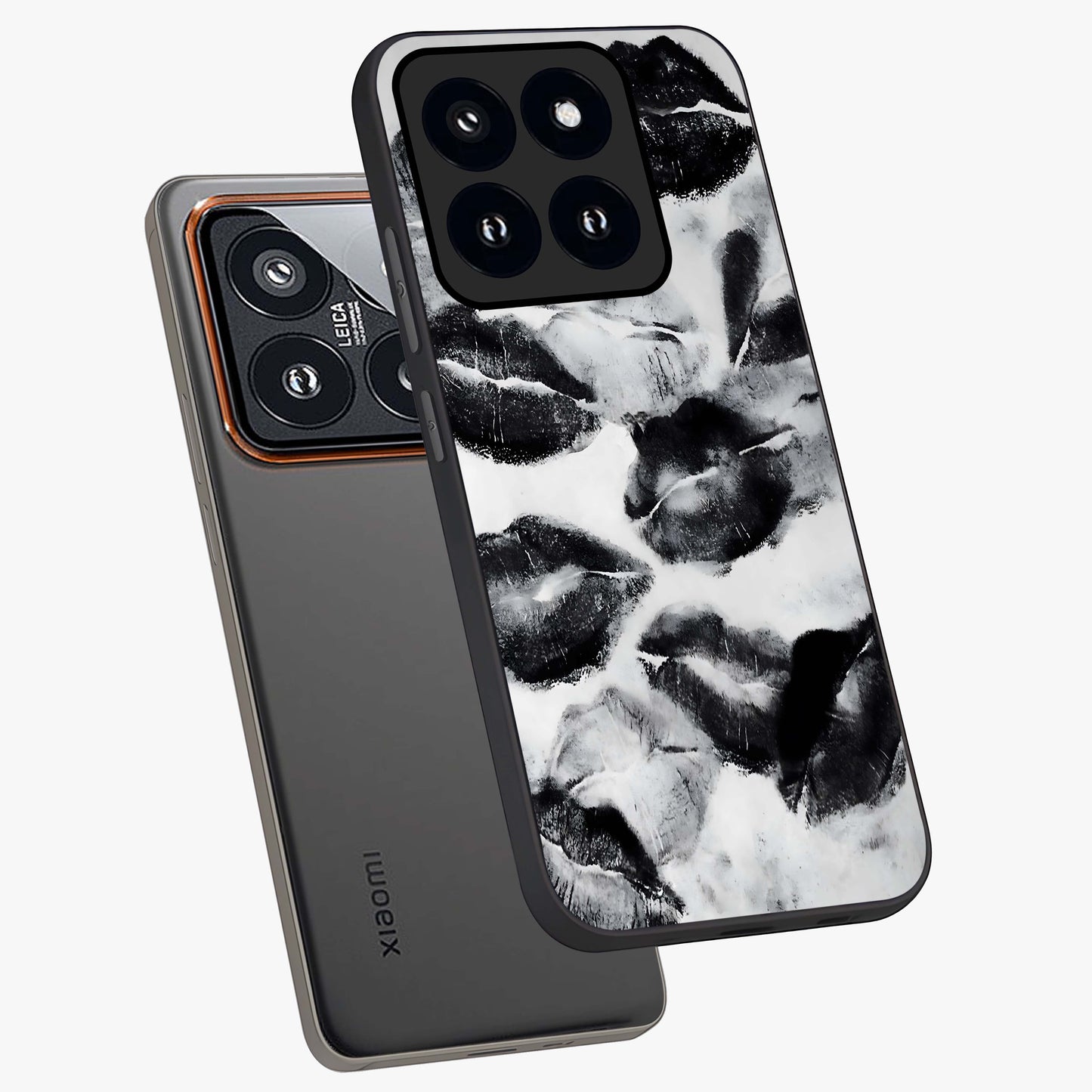Midnight Kiss Marks Glass Case displayed in angled mockup highlighting playful romantic design with bold midnight aesthetic.
