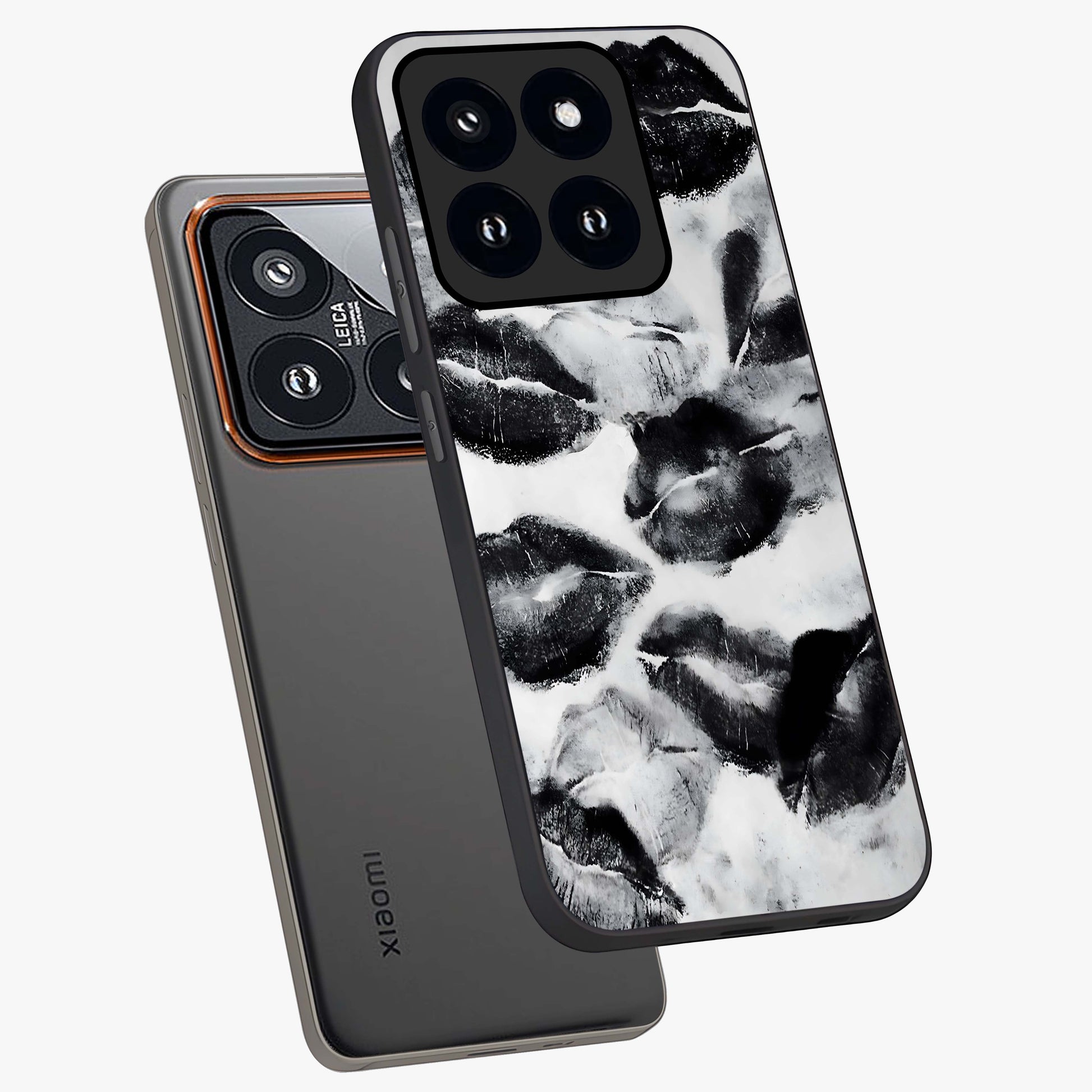 Midnight Kiss Marks Glass Case displayed in angled mockup highlighting playful romantic design with bold midnight aesthetic.
