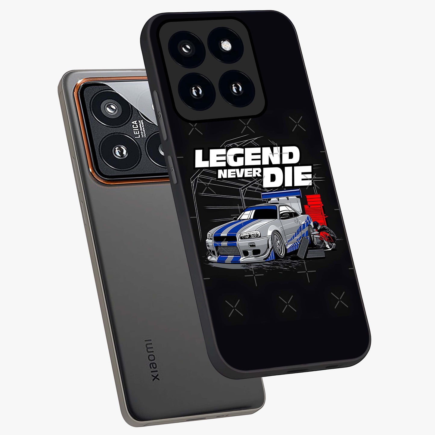 Midnight Racing Legacy Glass Case displayed in angled mockup highlighting dynamic automotive design with bold midnight aesthetic.