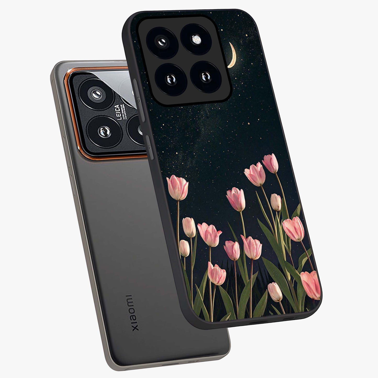 Midnight Tulip Whispers Vibe Glass Case displayed in angled mockup highlighting delicate tulip design with midnight floral aesthetic.