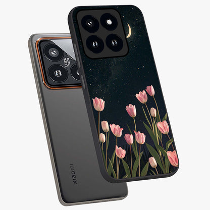 Midnight Tulip Whispers Vibe Glass Case displayed in angled mockup highlighting delicate tulip design with midnight floral aesthetic.