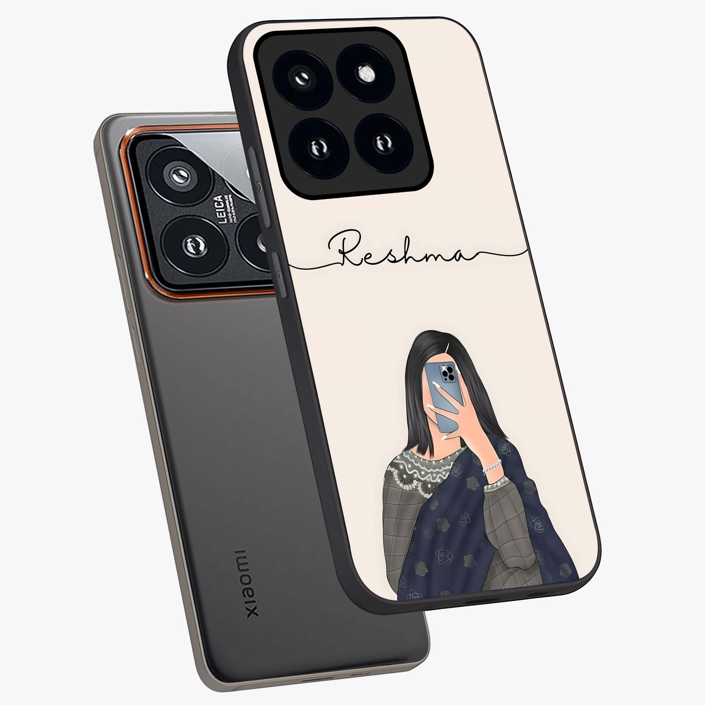 Mirror Mood Muse With Custom Name Glass Case displayed in angled mockup highlighting aesthetic mirror inspired design with custom name feature.
