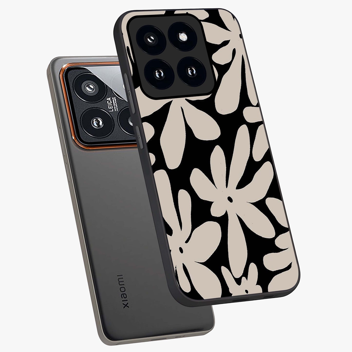 Monochrome Petal Dance Glass Case displayed in angled mockup highlighting elegant petal design with black and white aesthetic.