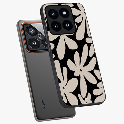 Monochrome Petal Dance Glass Case displayed in angled mockup highlighting elegant petal design with black and white aesthetic.