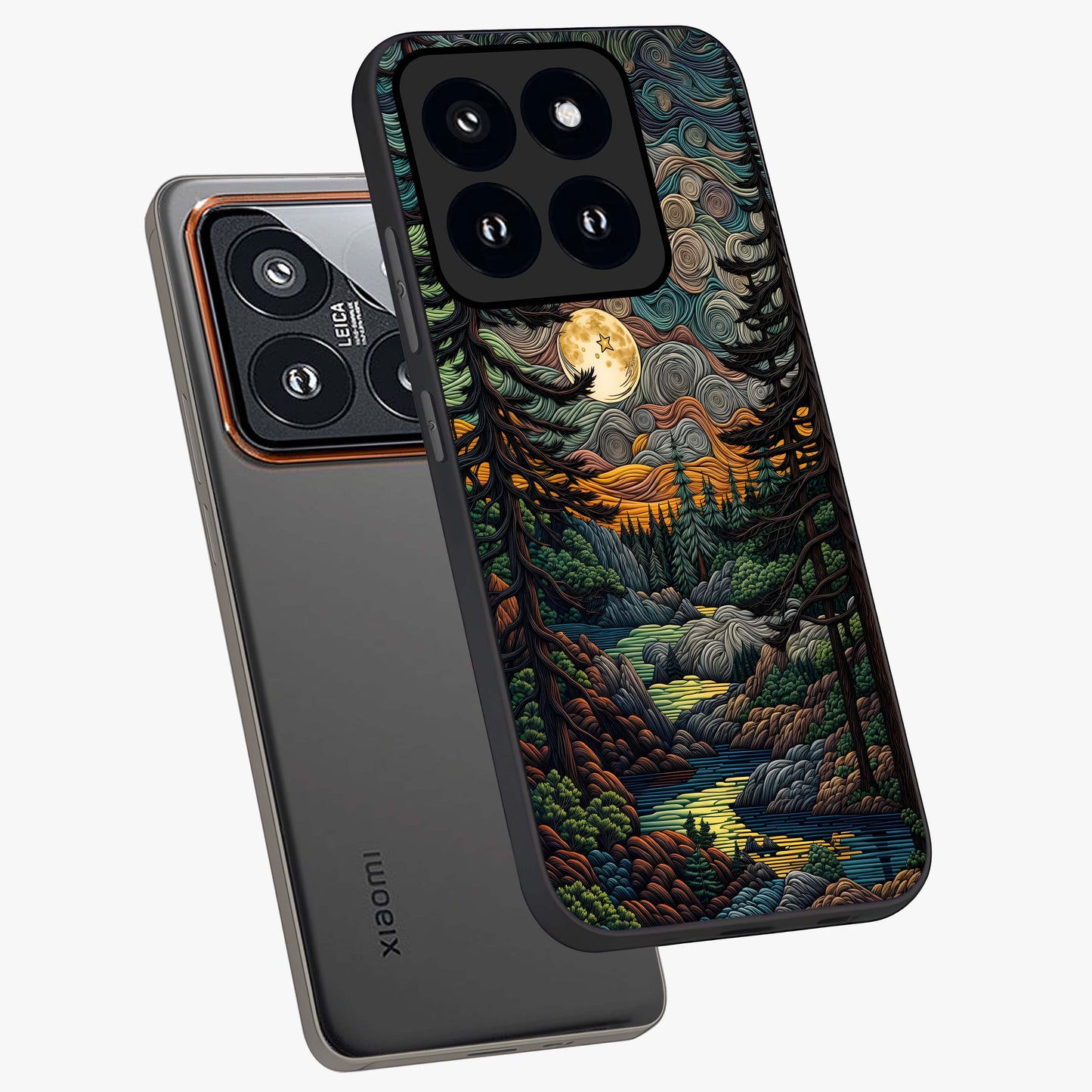 Moonlight Forest Dream Glass Case displayed in angled mockup highlighting dreamy forest design with glowing moon aesthetic.