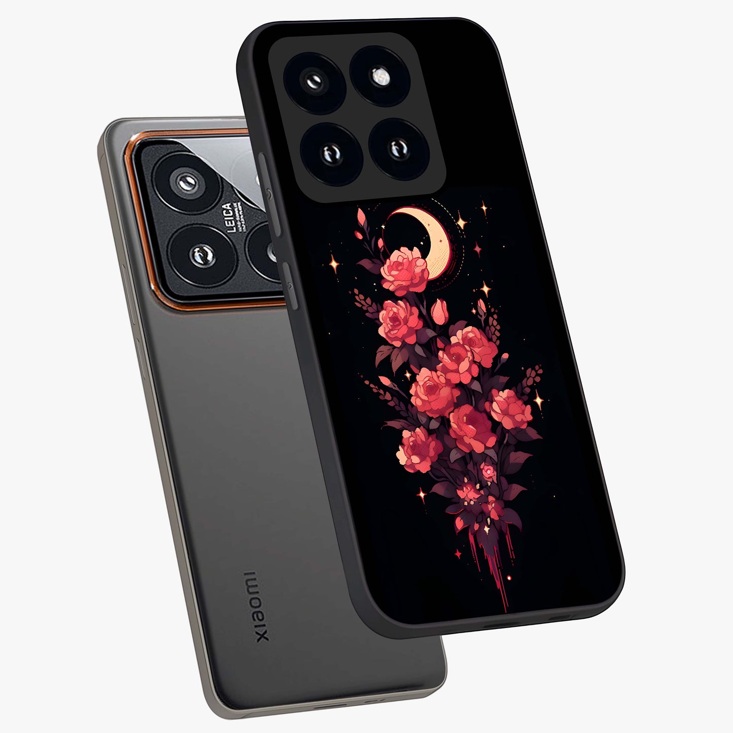 Moonlit Floral Elegance Glass Case displayed in angled mockup highlighting graceful flower design with soft moonlight aesthetic.
