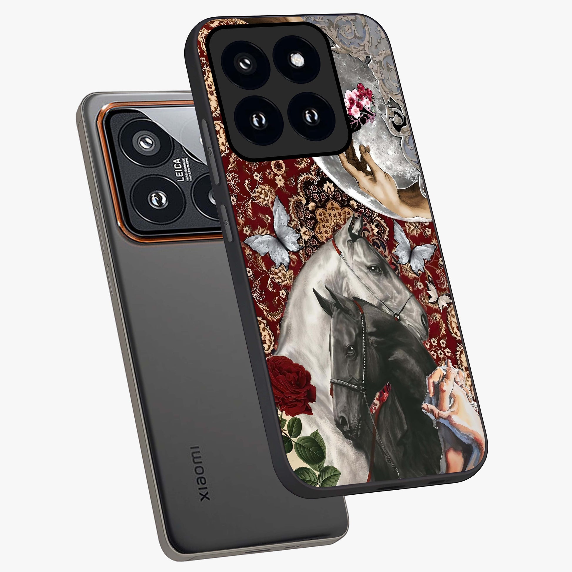 Moonlit Royal Stallion Glass Case displayed in angled mockup highlighting powerful stallion illustration with royal night aesthetic.