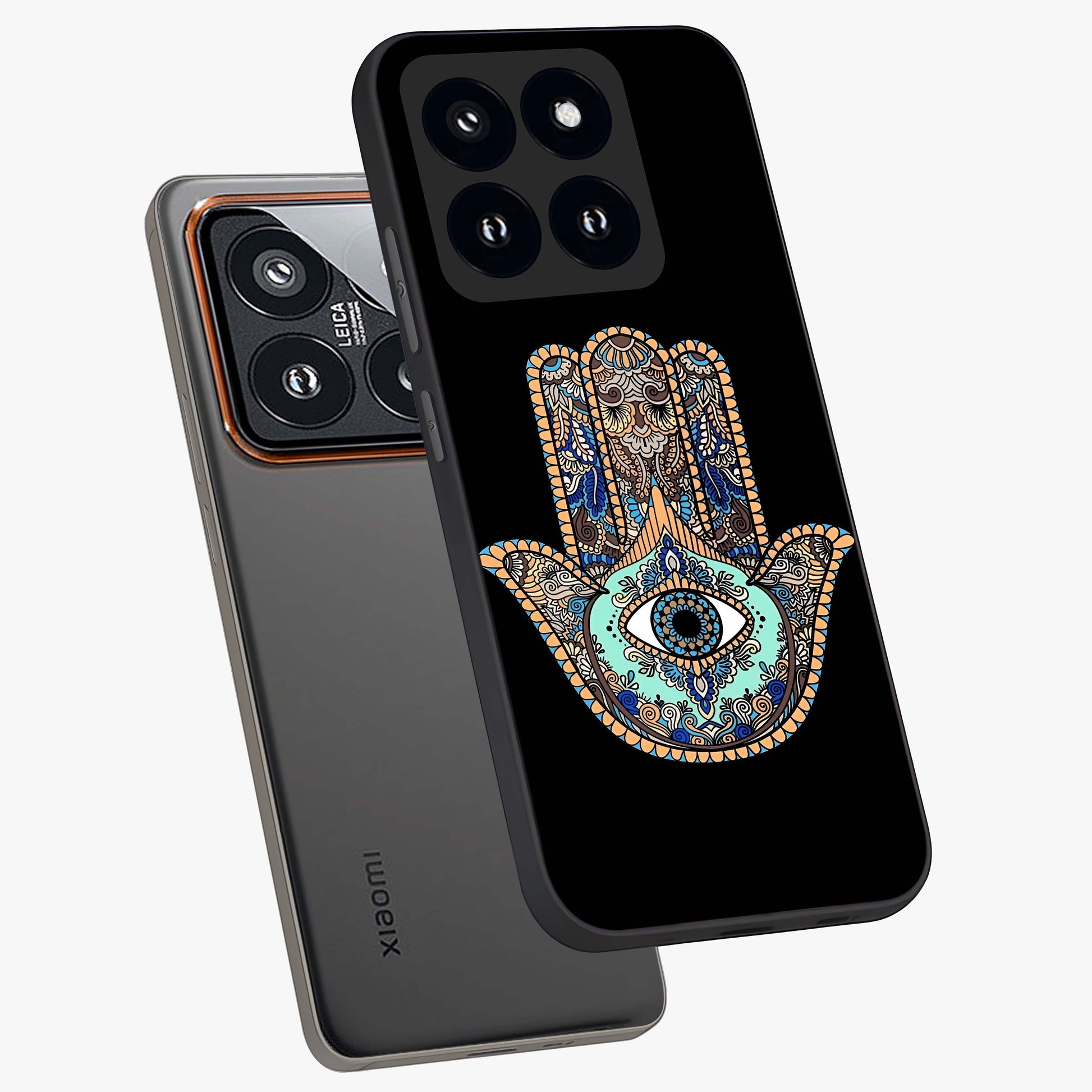 Mystic Hamsa Eye Glass Case displayed in angled mockup highlighting spiritual hamsa symbol with mystical aesthetic style.
