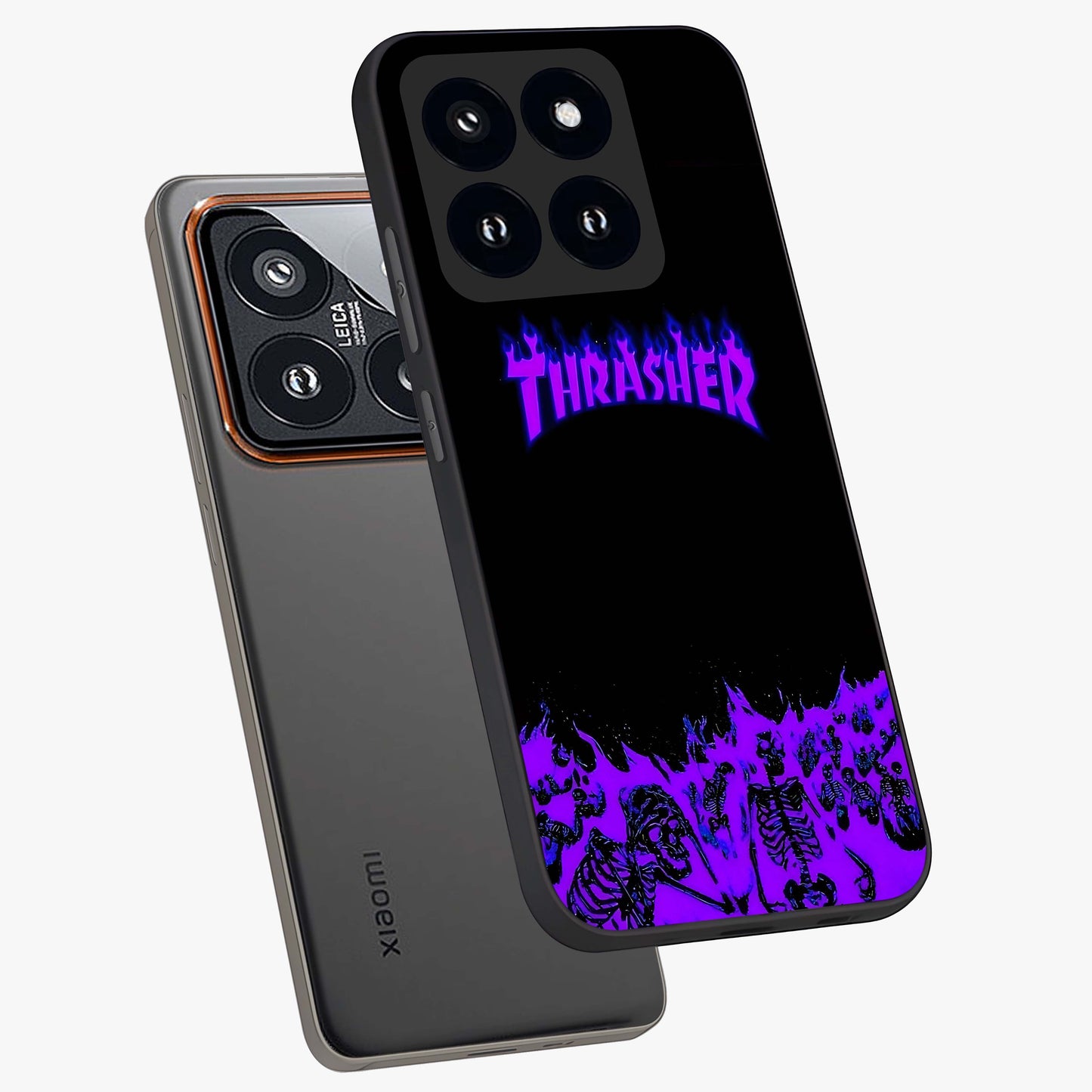Neon Flame Riot Glass Case displayed in angled mockup highlighting glowing flame design with vibrant neon aesthetic.