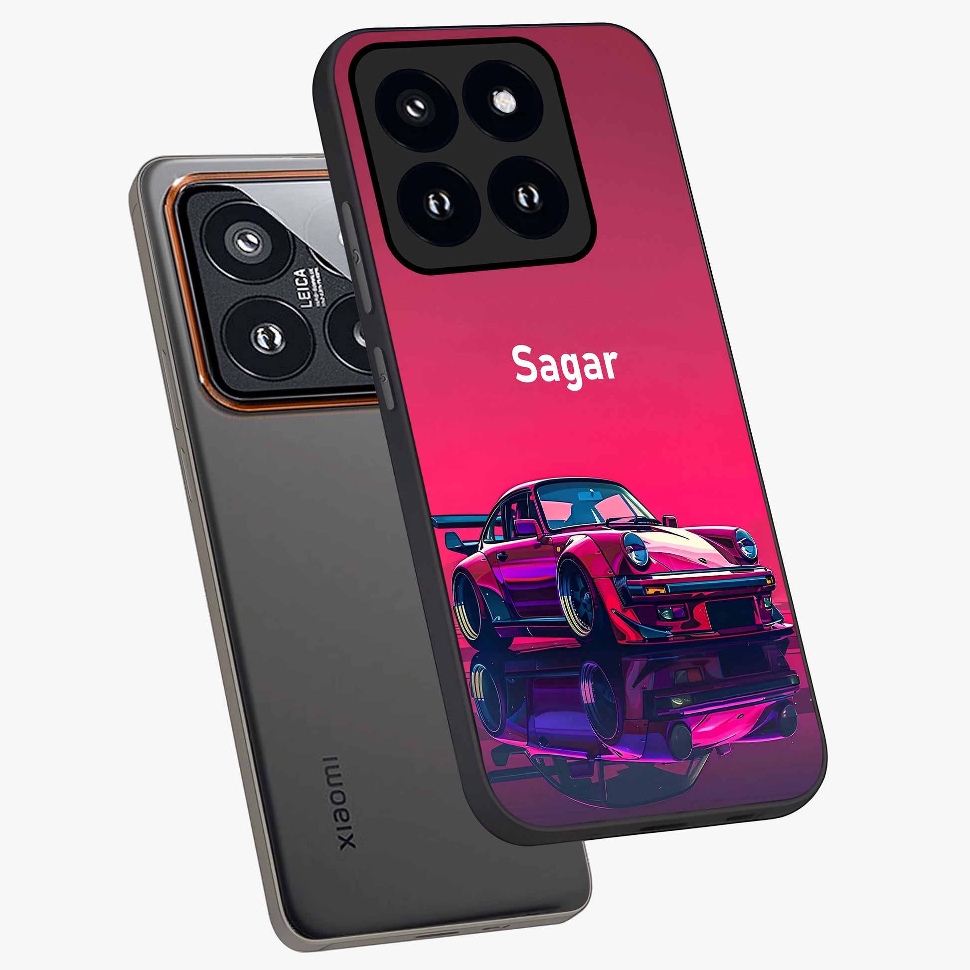 Neon Pink Porsche Glass Case displayed in angled mockup highlighting sleek neon pink car design with racing aesthetic.