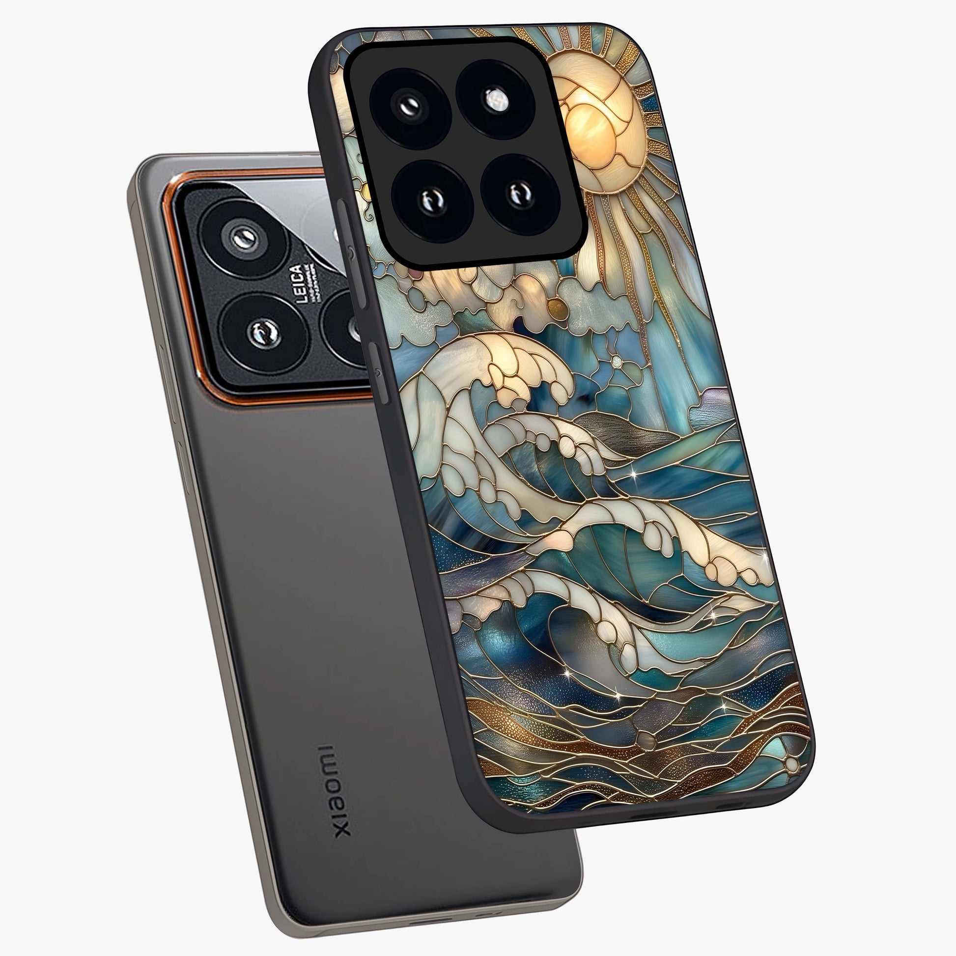 Oceanic Stained Printed Glass Case displayed in angled mockup highlighting colorful aquatic design with artistic aesthetic style.