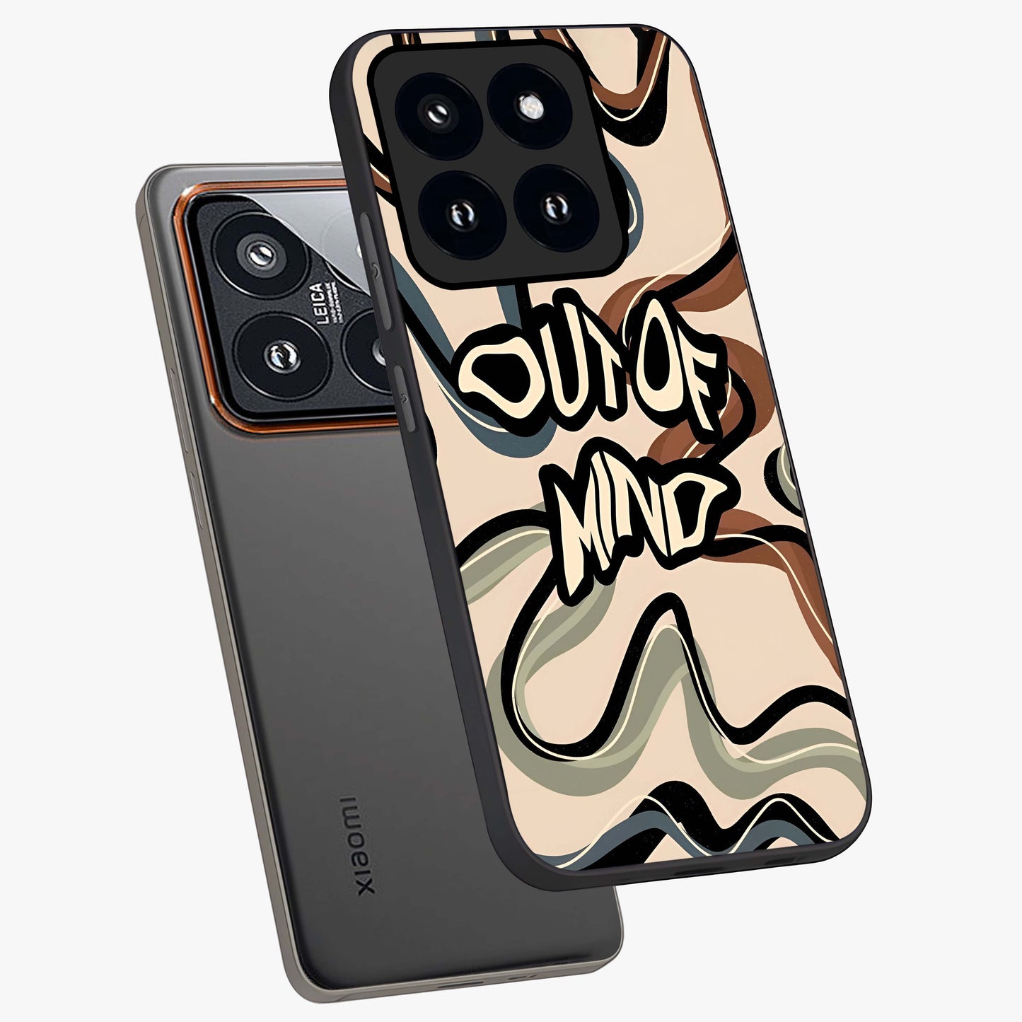 Out Of Mind Glass Case displayed in angled mockup highlighting bold statement design with modern artistic aesthetic.