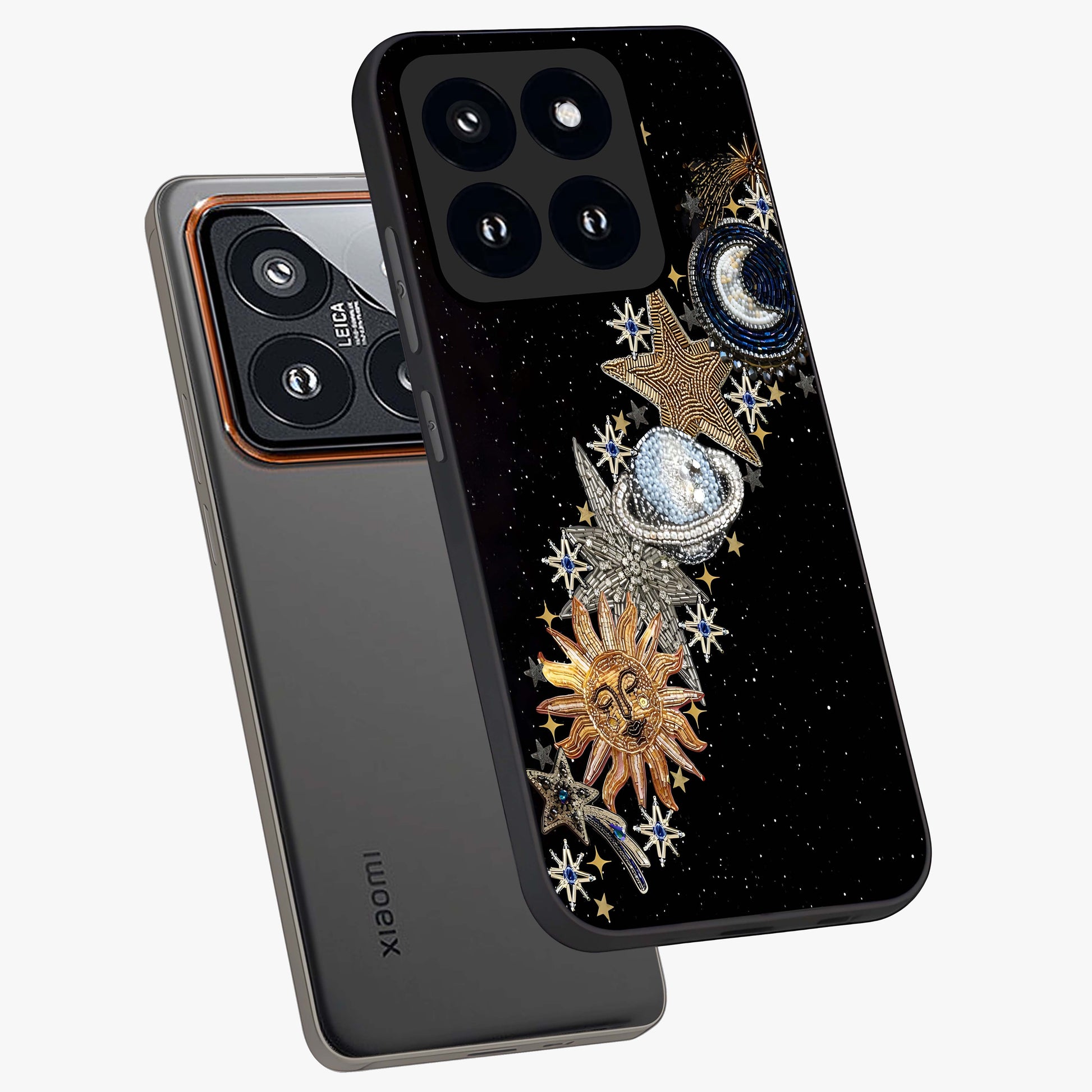 Pearls Universe Object Glass Case displayed in angled mockup highlighting celestial pearl design with dreamy aesthetic.