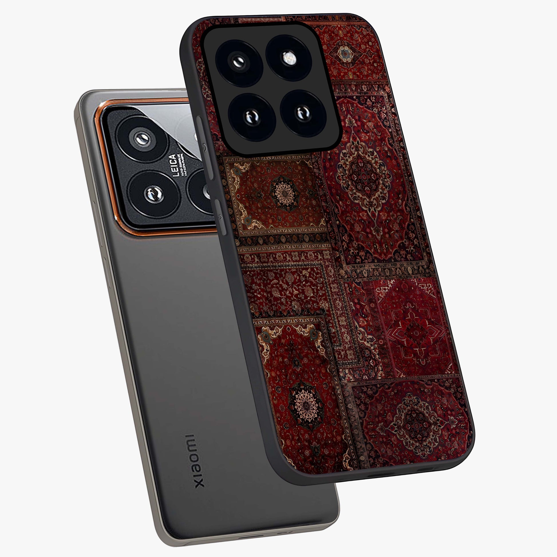 Persian Velvet Tale Glass Case displayed in angled mockup highlighting ornate textile inspired design with royal aesthetic.