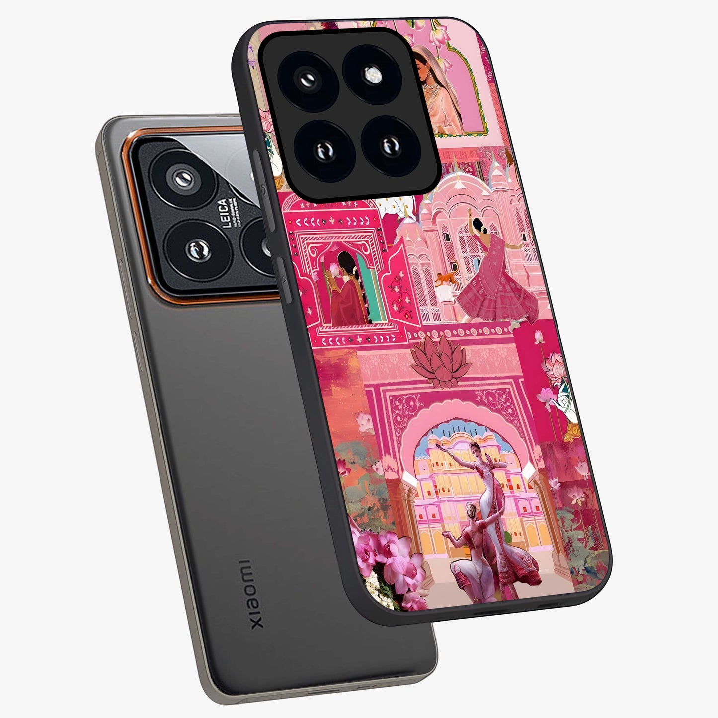 Pink Palace Muse Glass Case displayed in angled mockup highlighting dreamy palace illustration with soft pink aesthetic.