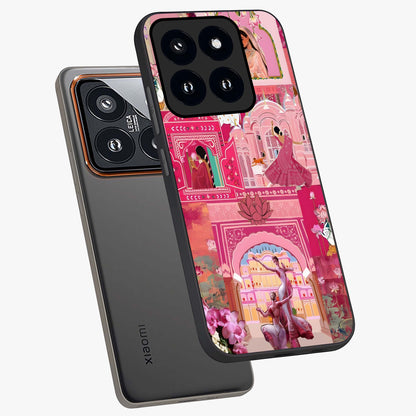 Pink Palace Muse Glass Case displayed in angled mockup highlighting dreamy palace illustration with soft pink aesthetic.