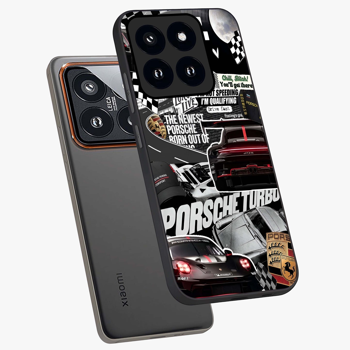 Porsche Racing Collage Glass Case displayed in angled mockup highlighting dynamic automotive design with bold racing aesthetic.