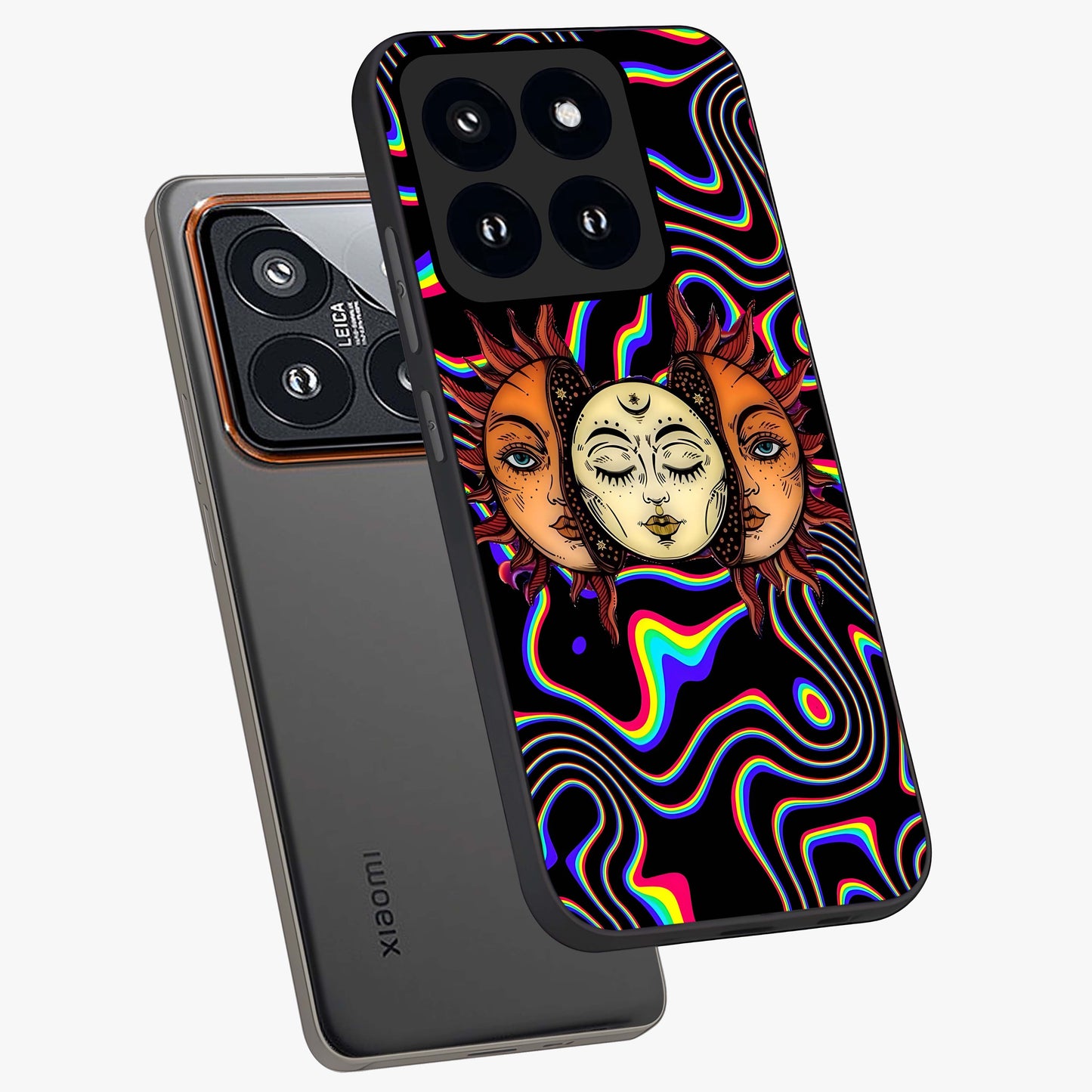 Psychedelic Sun Glass Case displayed in angled mockup highlighting vibrant abstract sun design with artistic aesthetic style.