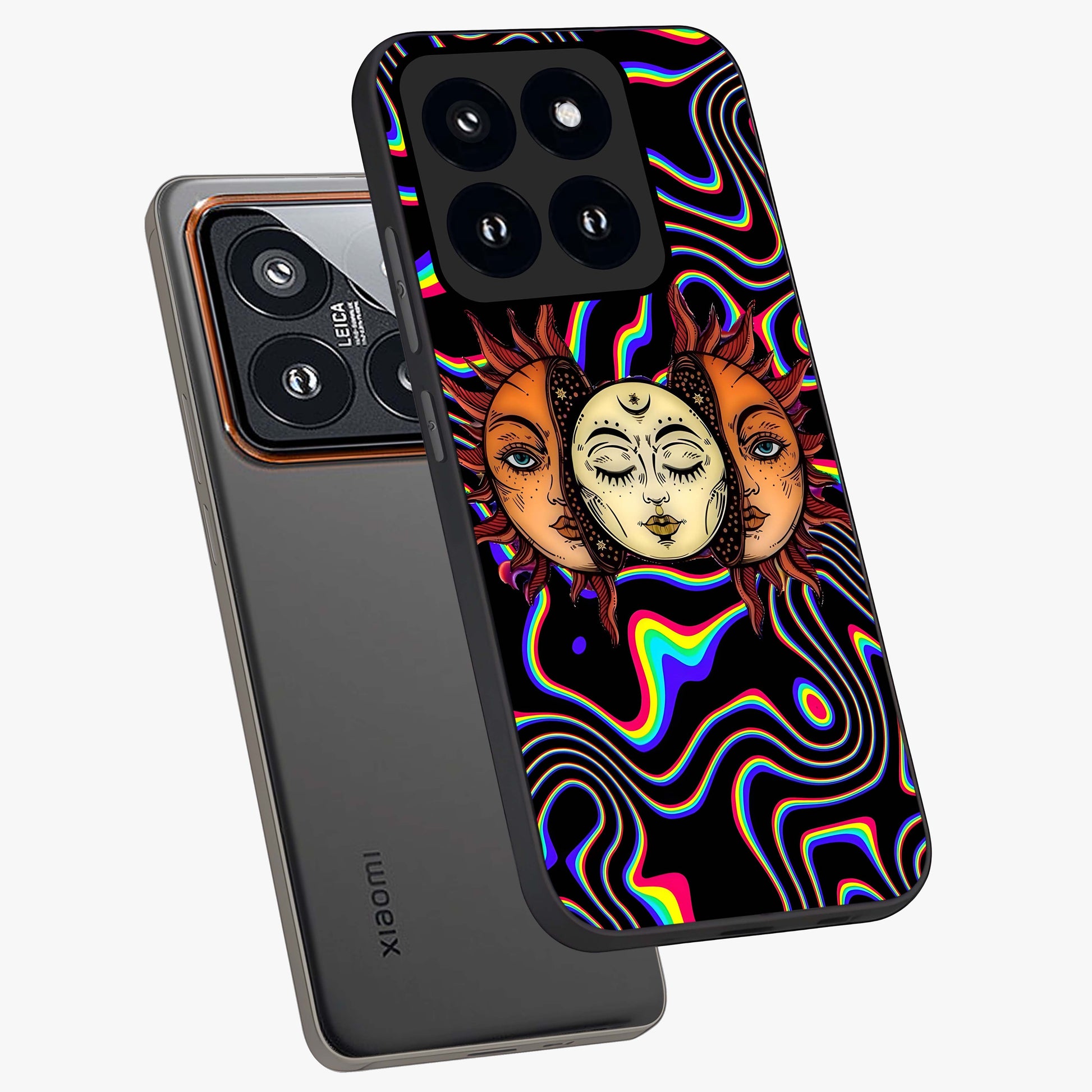 Psychedelic Sun Glass Case displayed in angled mockup highlighting vibrant abstract sun design with artistic aesthetic style.