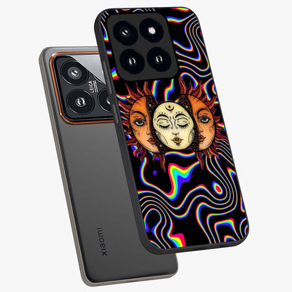 Psychedelic Sun Glass Case displayed in angled mockup highlighting vibrant abstract sun design with artistic aesthetic style.
