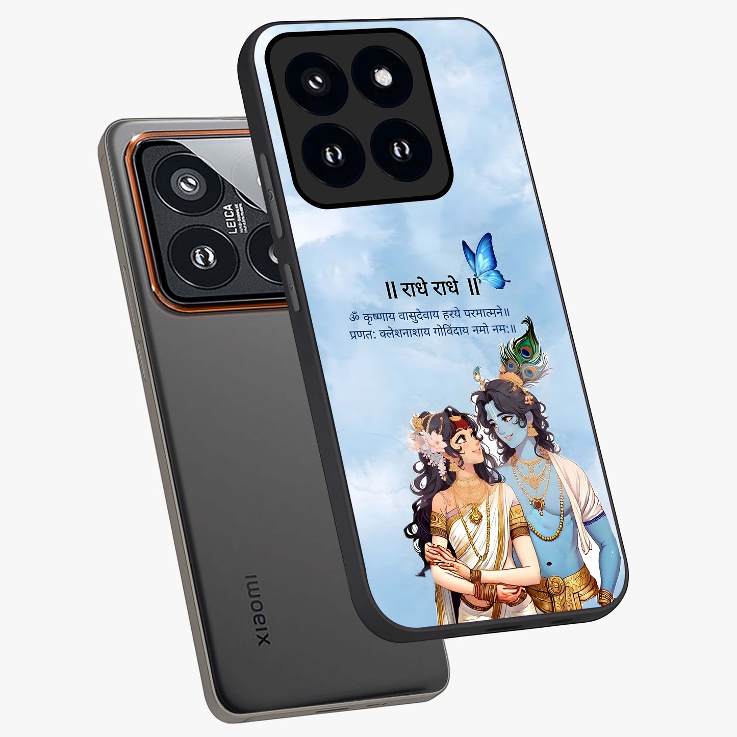 Radha Krishna Eternal Glass Case displayed in angled mockup highlighting divine Radha Krishna illustration with spiritual aesthetic.