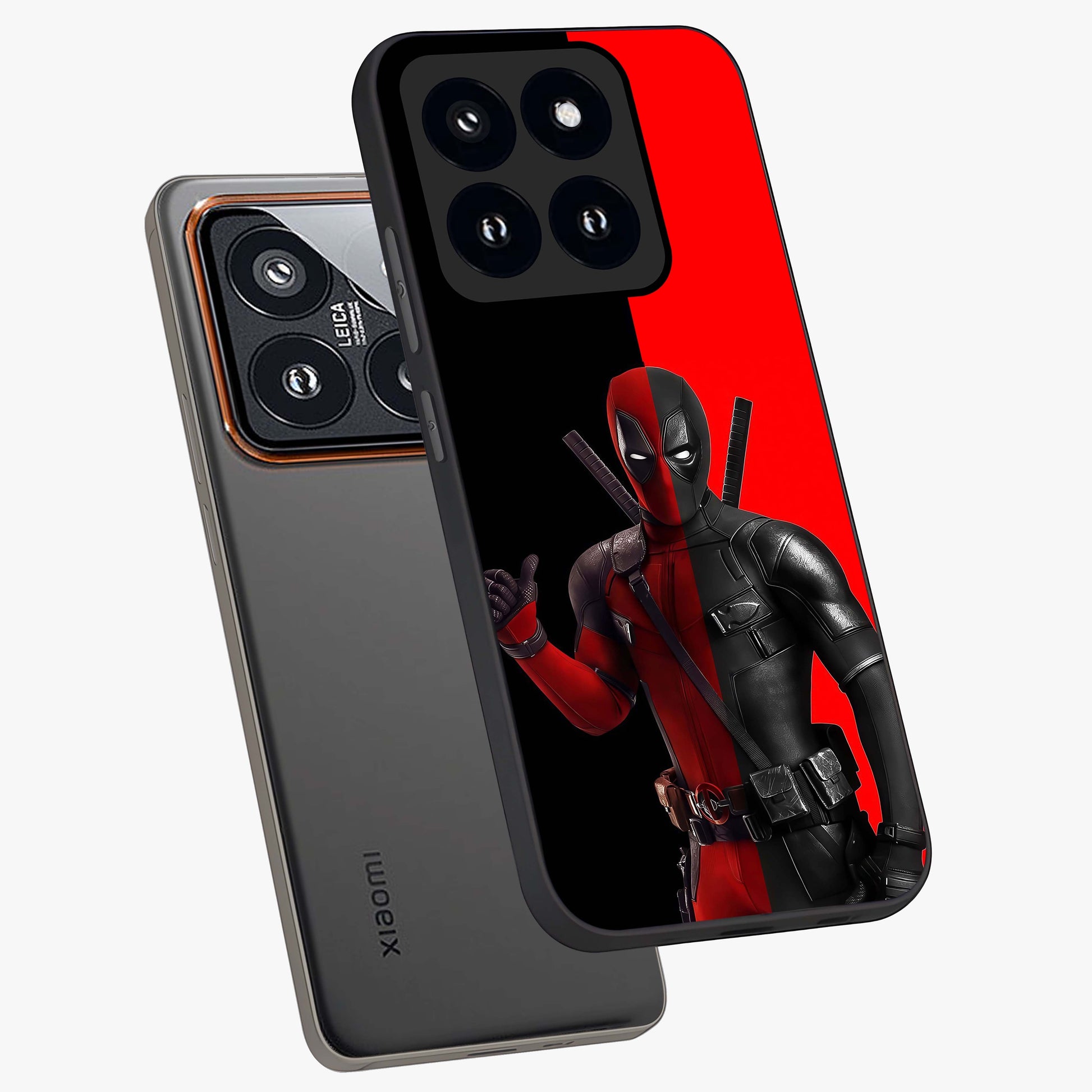 Red & Black Deadpool Theme Glass Case displayed in angled mockup highlighting vibrant superhero style illustration with action aesthetic.