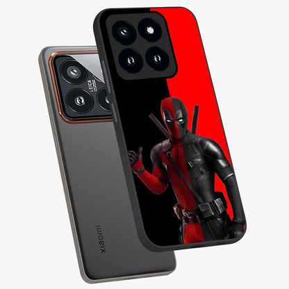 Red & Black Deadpool Theme Glass Case displayed in angled mockup highlighting vibrant superhero style illustration with action aesthetic.
