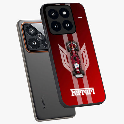 Red Ferrari F1 Vertical Glass Case displayed in angled mockup highlighting high speed racing design with bold automotive aesthetic.