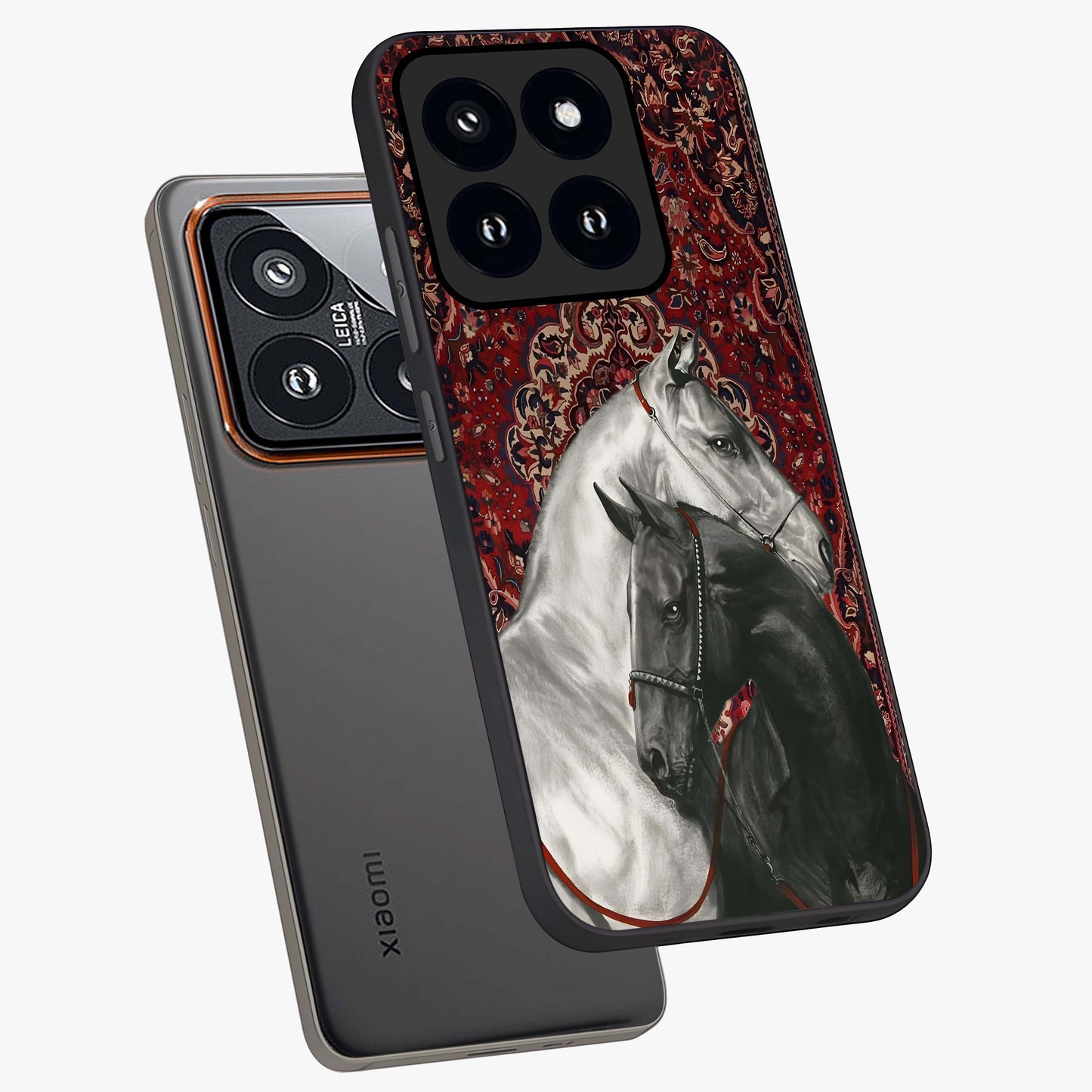 Regal Stallion Tapestry Glass Case displayed in angled mockup highlighting royal stallion design with decorative heritage aesthetic.