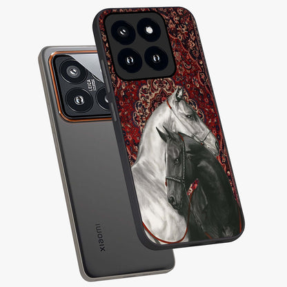 Regal Stallion Tapestry Glass Case displayed in angled mockup highlighting royal stallion design with decorative heritage aesthetic.