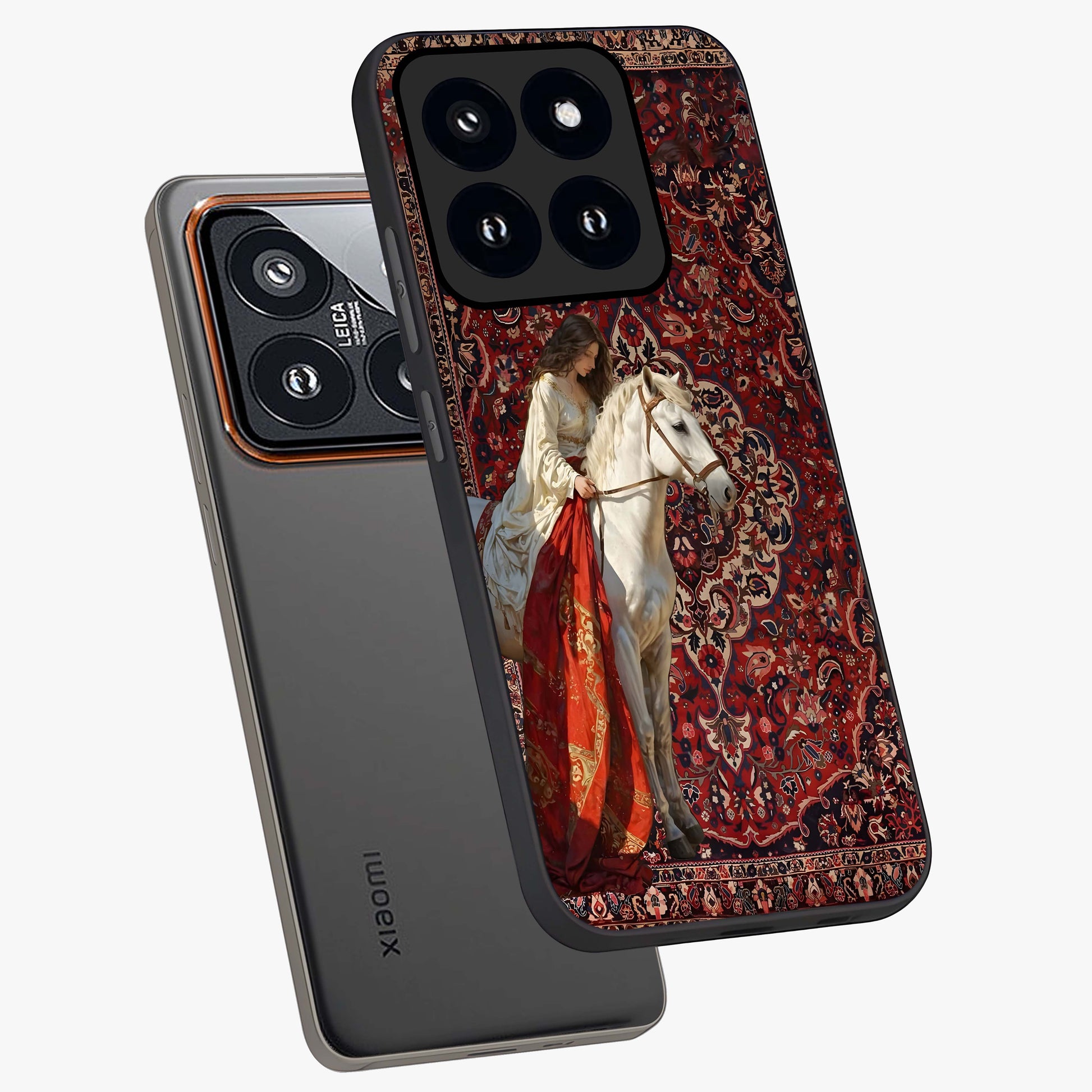 Royal Rider Tapestry Glass Case displayed in angled mockup highlighting traditional tapestry design with royal heritage aesthetic.
