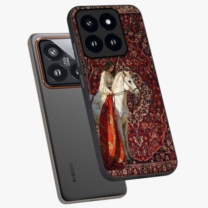 Royal Rider Tapestry Glass Case displayed in angled mockup highlighting traditional tapestry design with royal heritage aesthetic.