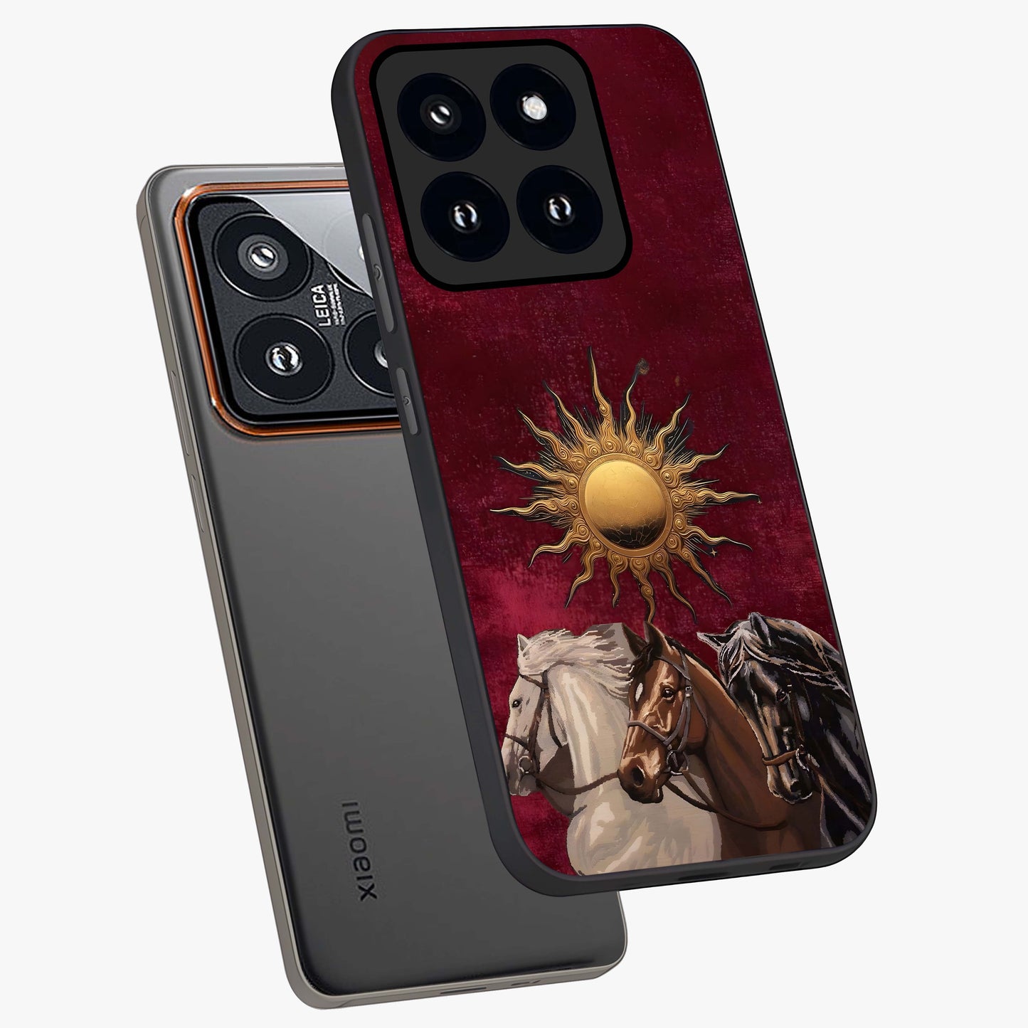Solar Riders Glass Case displayed in angled mockup highlighting powerful rider illustration with radiant solar aesthetic.