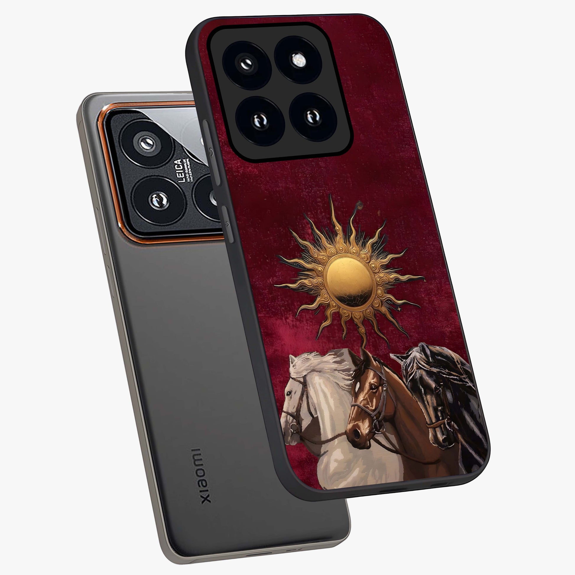 Solar Riders Glass Case displayed in angled mockup highlighting powerful rider illustration with radiant solar aesthetic.