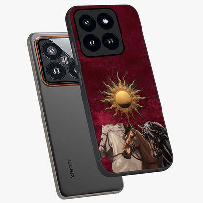 Solar Riders Glass Case displayed in angled mockup highlighting powerful rider illustration with radiant solar aesthetic.